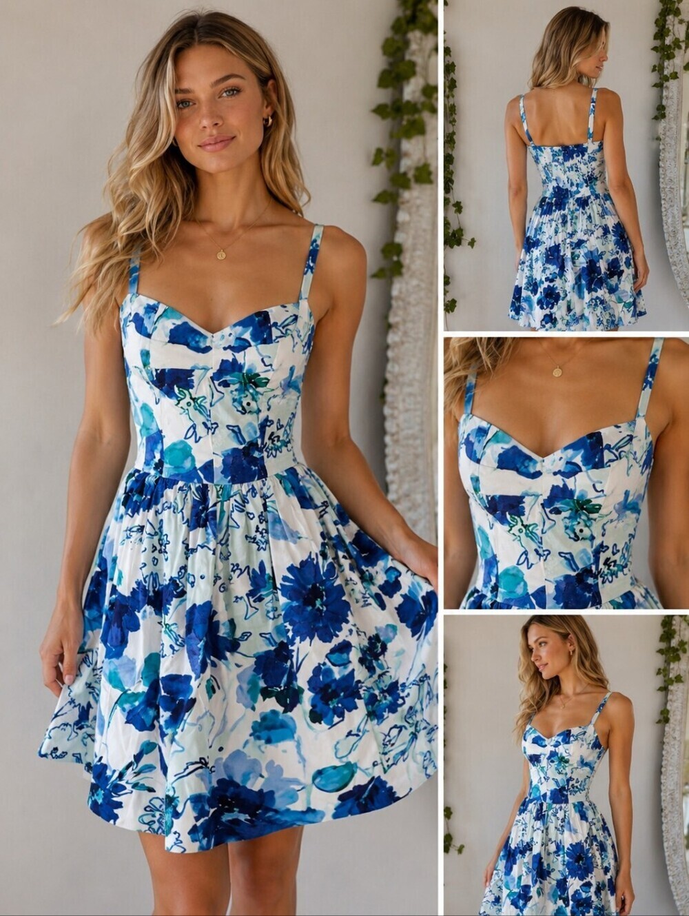 NWT Aqua Bloomingdale's Blue Floral Fit & Flare Sweatheart Neckline Sundress XS - Picture 5 of 16